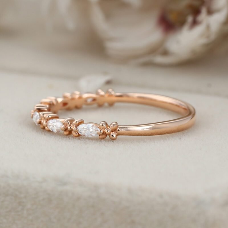 Marquise Cut Moissanite Wedding Band Vintage Rose Gold Band Stacking Half Eternity Diamonds Promise Ring