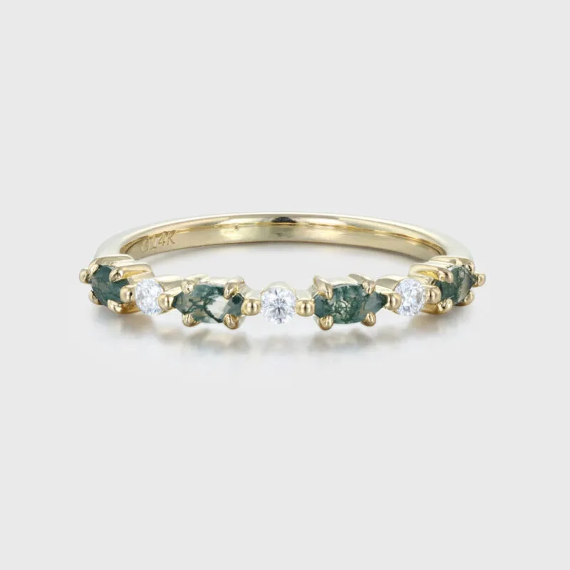 Marquise Cut Nature-Inspired Moss Agate and Diamond Wedding Band - 14K Solid Gold Ring with Moissanite Cluster, Anniversary Gift