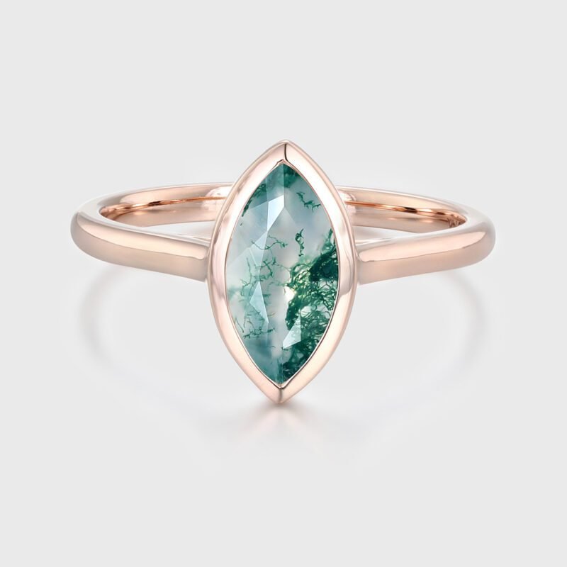 Marquise Cut Natural Moss Agate Engagement Ring Solitaire Ring 14K Rose Gold Engagement Ring Bezel Setting engagement ring Gift