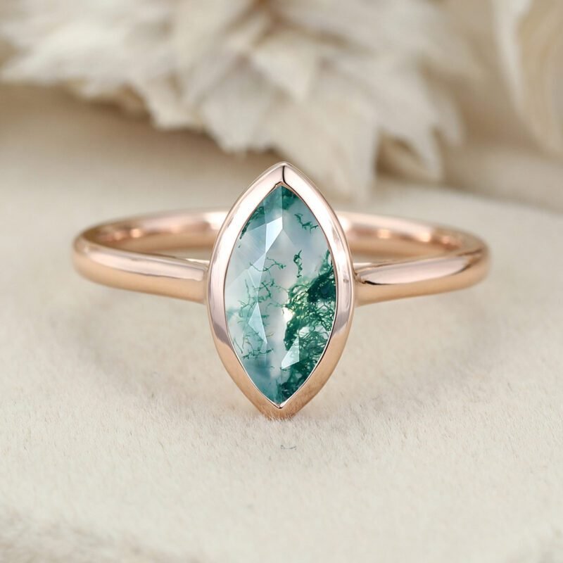 Marquise Cut Natural Moss Agate Engagement Ring Solitaire Ring 14K Rose Gold Engagement Ring Bezel Setting engagement ring Gift