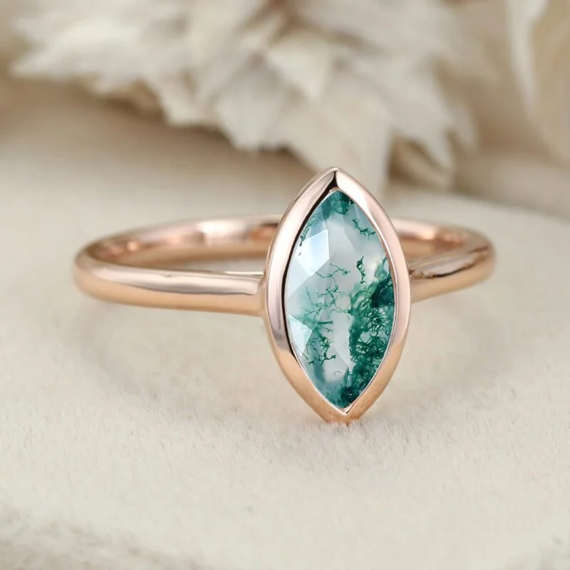 Marquise Cut Natural Moss Agate Engagement Ring Solitaire Ring 14K Rose Gold Engagement Ring Bezel Setting engagement ring Gift