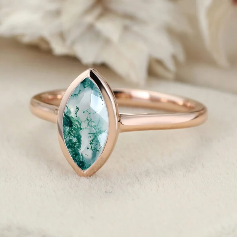 Marquise Cut Natural Moss Agate Engagement Ring Solitaire Ring 14K Rose Gold Engagement Ring Bezel Setting engagement ring Gift