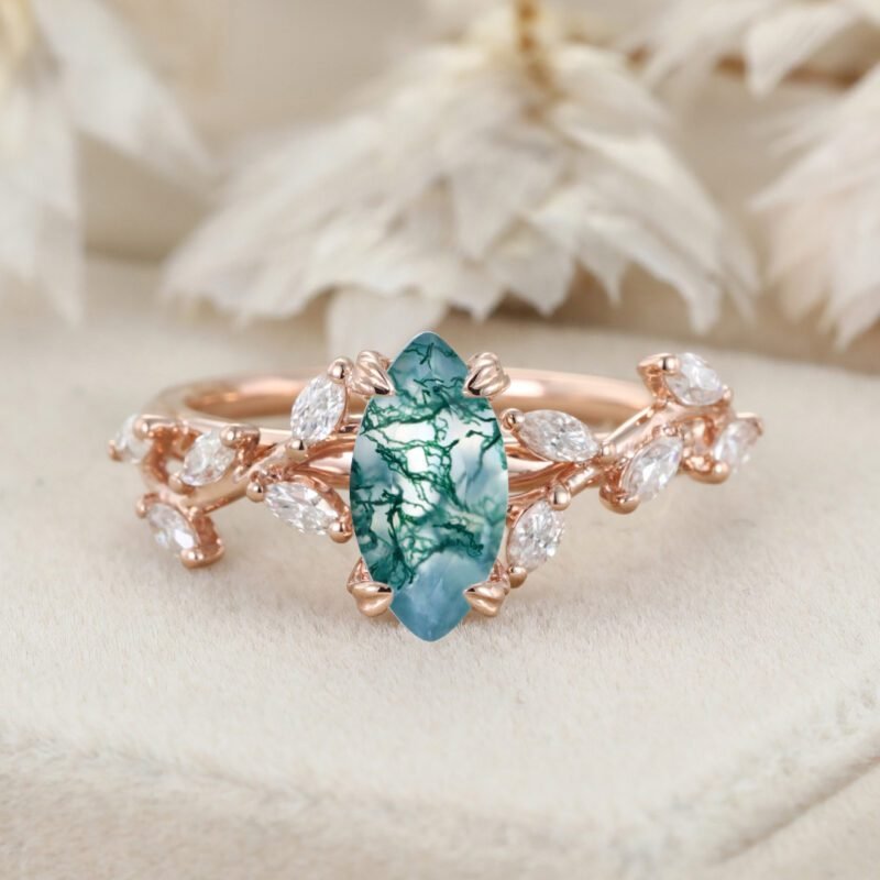 Marquise Cut Nature Inspired Moss Agate Ring Marquise Diamond In 14K Gold Branch Design Ring