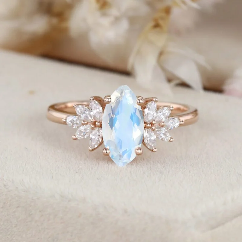 Marquise Moonstone engagement ring vintage Unique Cluster Rose gold moissanite engagement ring women Marquise cut diamond Anniversary gift