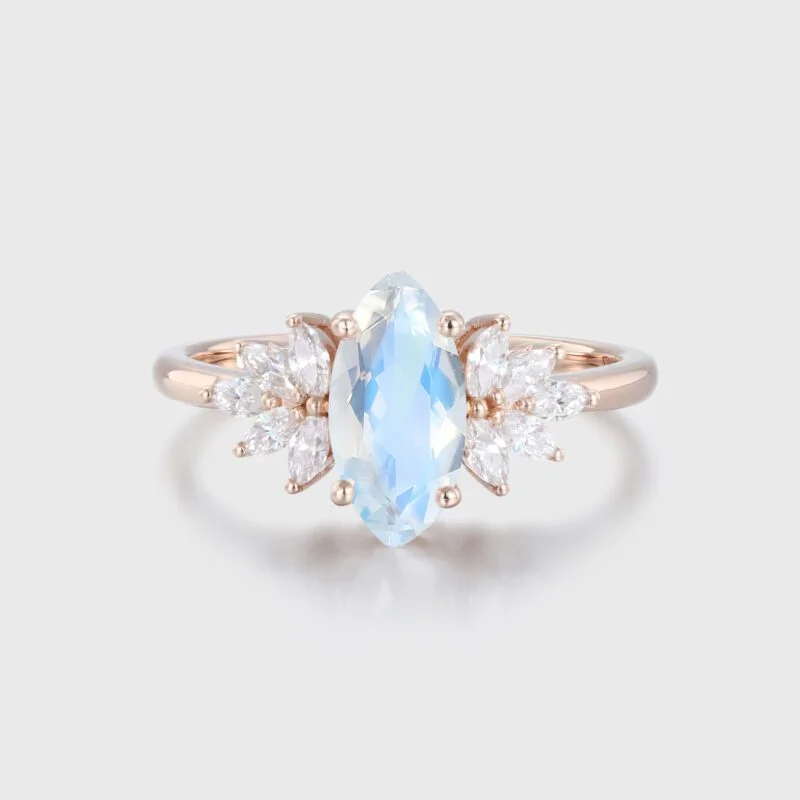 Marquise Moonstone engagement ring vintage Unique Cluster Rose gold moissanite engagement ring women Marquise cut diamond Anniversary gift