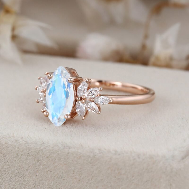 Marquise Moonstone engagement ring vintage Unique Cluster Rose gold moissanite engagement ring women Marquise cut diamond Anniversary gift