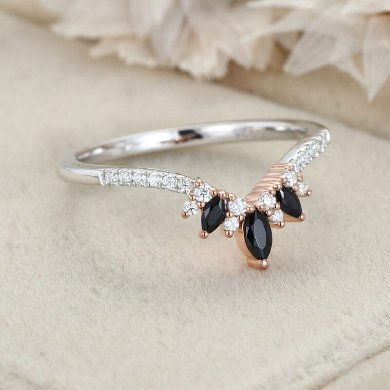 Marquise black onyx wedding band Vintage white gold Curved moissanite wedding ring Unique stacking Bridal promise Anniversary gift for her