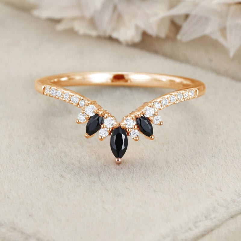 Marquise black onyx wedding band Vintage white gold Curved moissanite wedding ring Unique stacking Bridal promise Anniversary gift for her