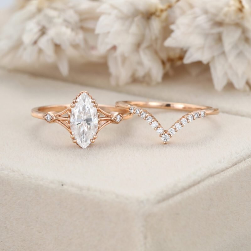 Marquise cut Moissanite engagement ring set Vintage Rose gold engagement ring Bridal Art deco Matching Stacking Unique Promise Anniversary