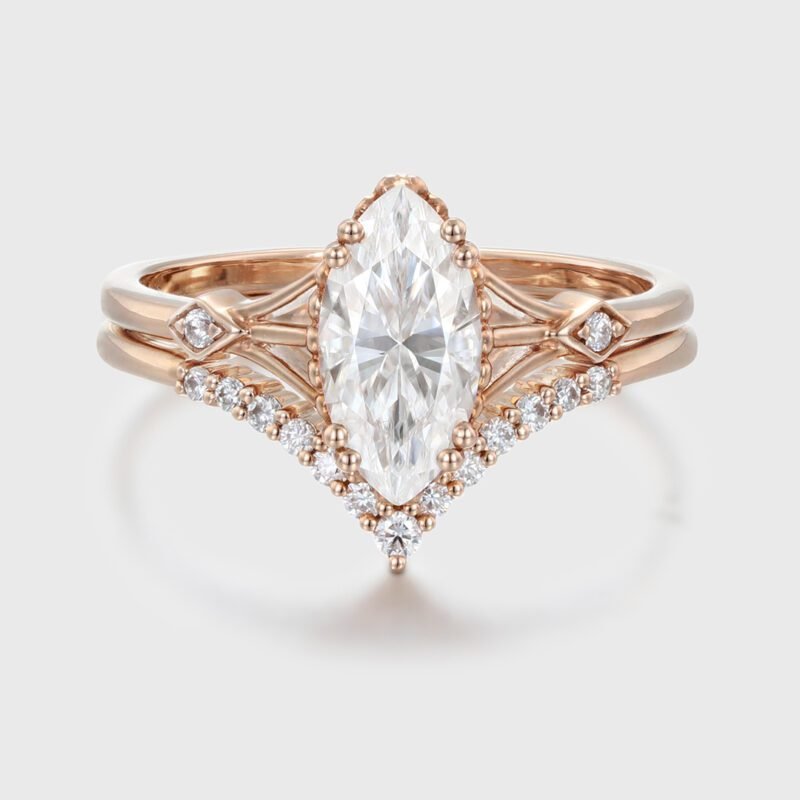 Marquise cut Moissanite engagement ring set Vintage Rose gold engagement ring Bridal Art deco Matching Stacking Unique Promise Anniversary