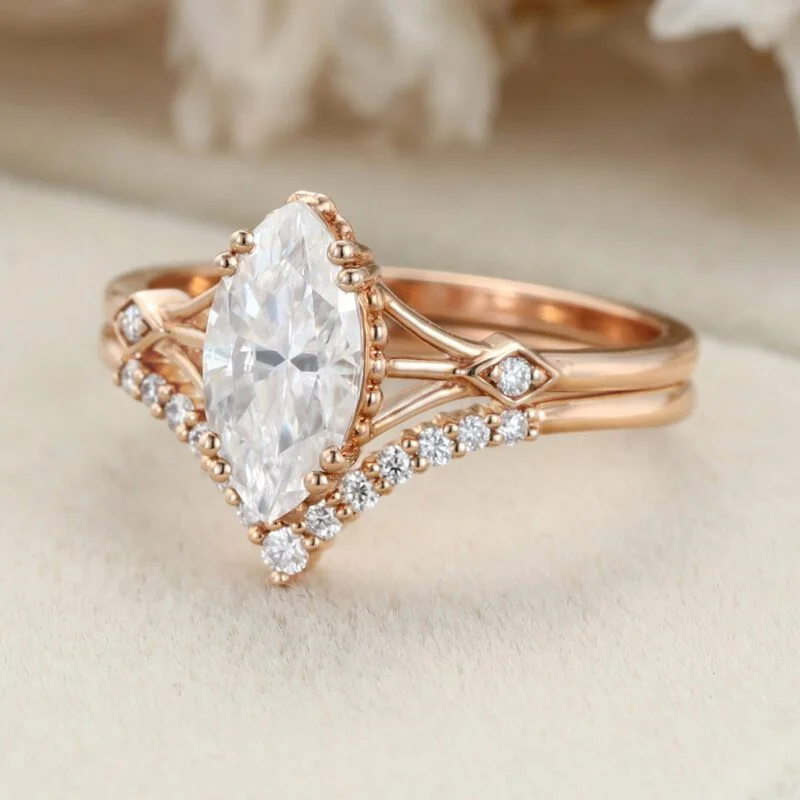 Marquise cut Moissanite engagement ring set Vintage Rose gold engagement ring Bridal Art deco Matching Stacking Unique Promise Anniversary