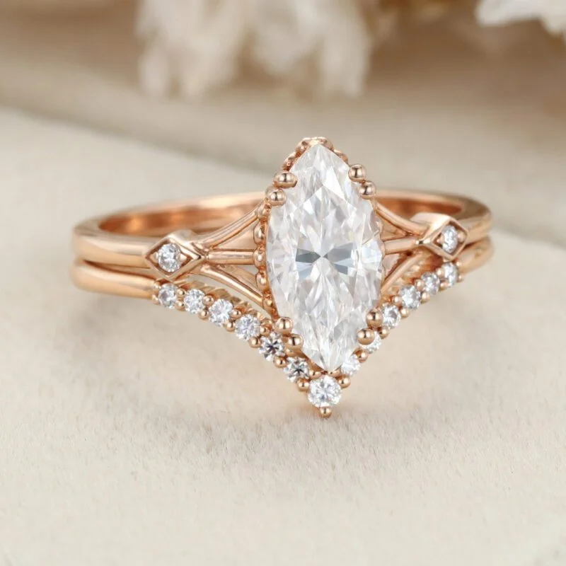 Marquise cut Moissanite engagement ring set Vintage Rose gold engagement ring Bridal Art deco Matching Stacking Unique Promise Anniversary