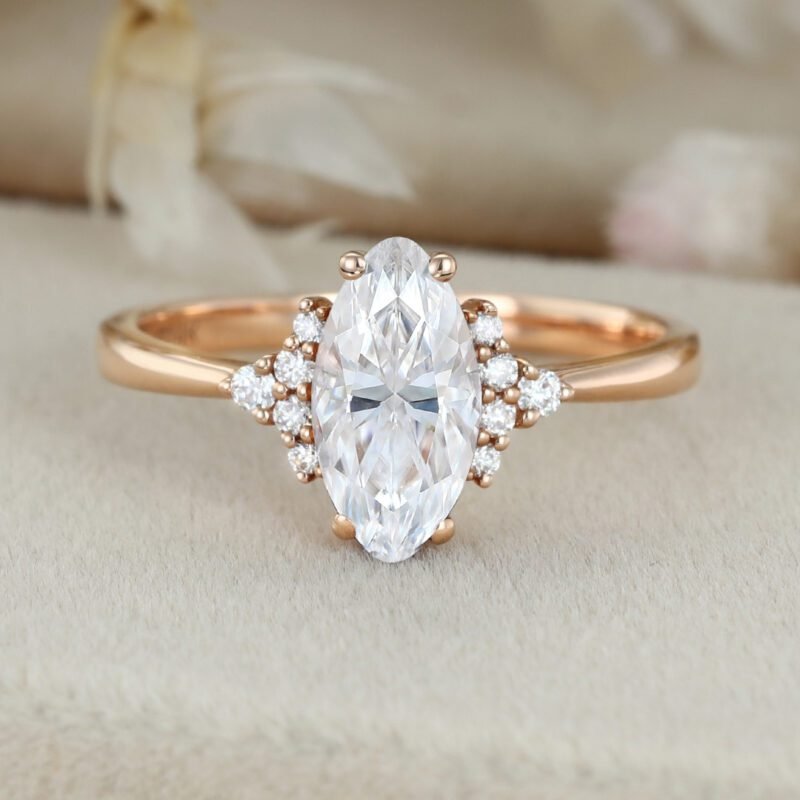 Marquise moissanite engagement ring Rose gold Vintage Unique Cluster engagement ring Art Deco ring Bridal Promise Anniversary gift for her