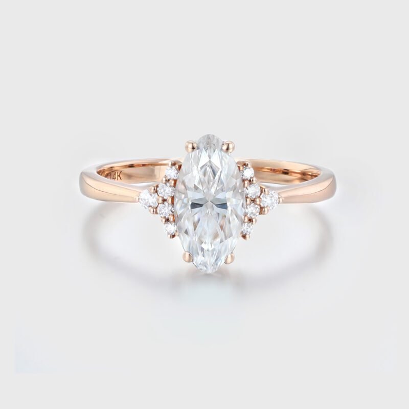 1 Carat Marquise Moissanite Cluster Engagement Ring In 14k Rose Gold