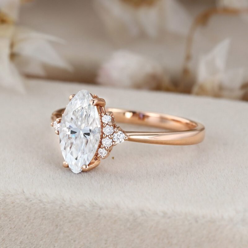 Marquise moissanite engagement ring Rose gold Vintage Unique Cluster engagement ring Art Deco ring Bridal Promise Anniversary gift for her