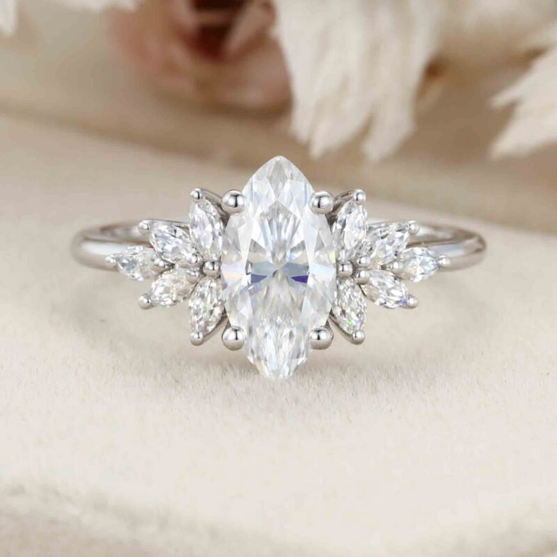 Marquise moissanite engagement ring Unique Cluster diamond engagement ring White gold Art Deco ring Bridal Promise Anniversary gift for women