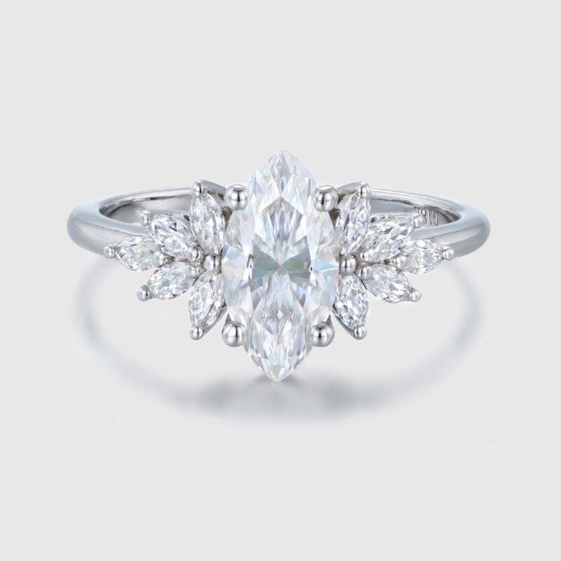 1 Carat Marquise Cut Moissanite Cluster Engagement Ring White Gold Art Deco Ring