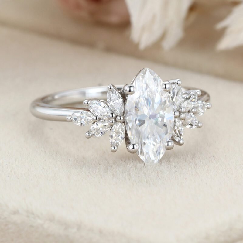 Marquise moissanite engagement ring Unique Cluster diamond engagement ring White gold Art Deco ring Bridal Promise Anniversary gift for women