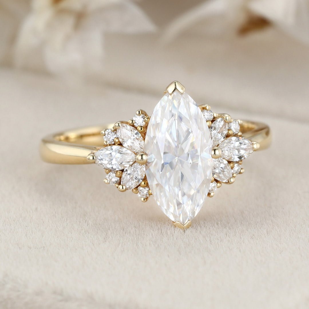 1 Carat Marquise Cut Moissanite Vintage Cluster Engagement Ring In 14K  Yellow Gold - Oveela Jewelry