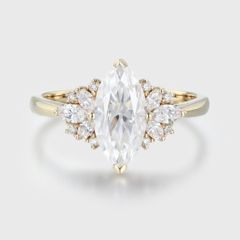 1 CT Marquise Moissanite Vintage Cluster Engagement Ring In 14K Yellow gold