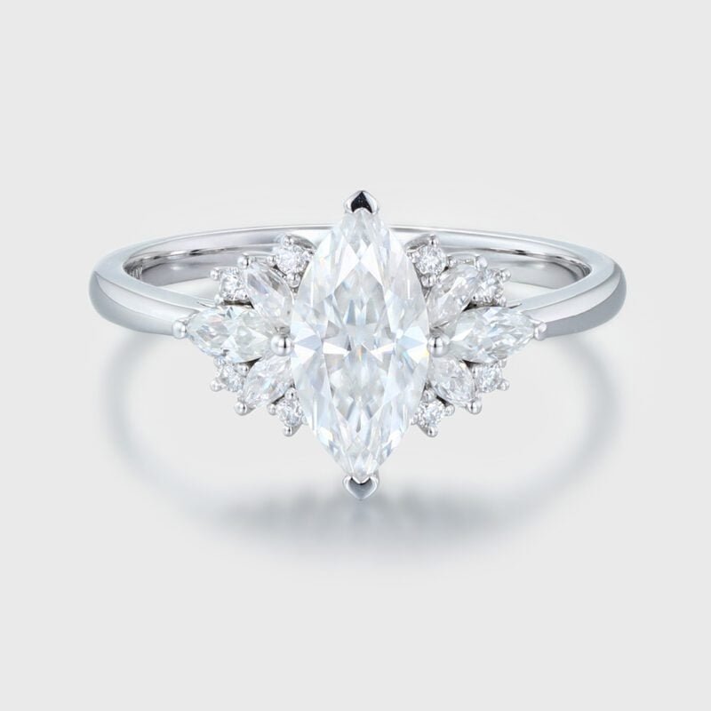 1 Carat Marquise Cut Moissanite Cluster Engagement Ring In 14K White Gold