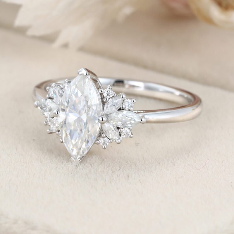 Marquise moissanite engagement ring White gold Cluster engagement ring Unique Art Deco ring Vintage Bridal Promise Anniversary gift for her
