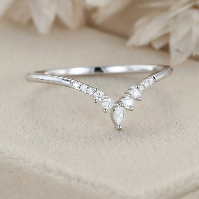 Marquise moissanite wedding band Curved Diamond wedding ring vintage White gold wedding band matching stacking Bridal promise Anniversary