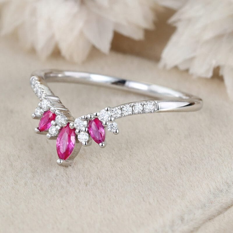 Marquise shape Lab Ruby wedding band White gold Curved wedding band Unique Vintage Diamond ring stacking promise ring Anniversary gift