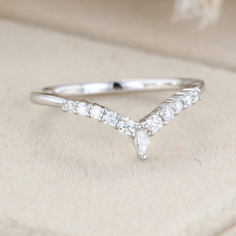 Marquise shaped Curved wedding ring Diamond wedding band Unique White gold Moissanite wedding band matching band Bridal promise Anniversary gift