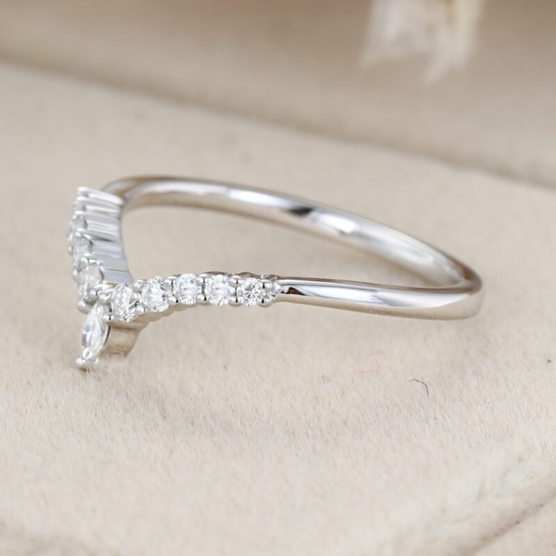 Marquise shaped Curved wedding ring Diamond wedding band Unique White gold Moissanite wedding band matching band Bridal promise Anniversary gift