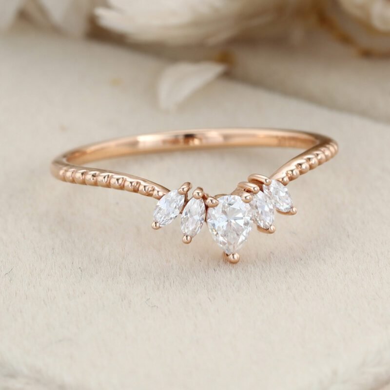 Moissanite Curved wedding band Pear shaped Rose gold Diamond wedding band bridal ring marquise stacking ring bridal promise Anniversary gift