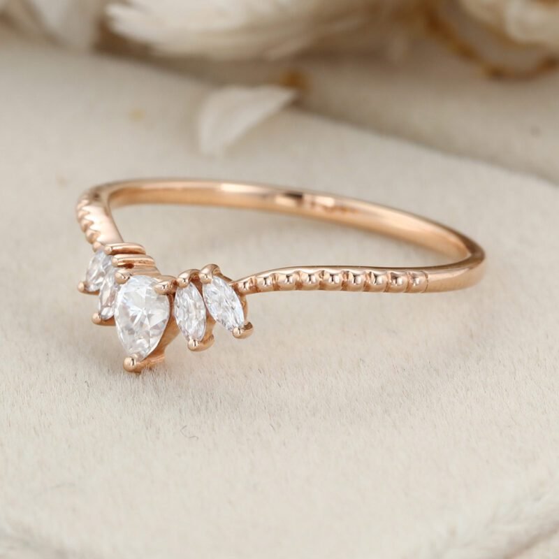 Moissanite Curved wedding band Pear shaped Rose gold Diamond wedding band bridal ring marquise stacking ring bridal promise Anniversary gift