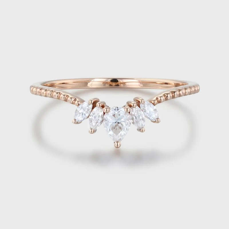 Pear Shaped Moissanite Curved Wedding Band Rose Gold Stacking Bridal Promise Ring