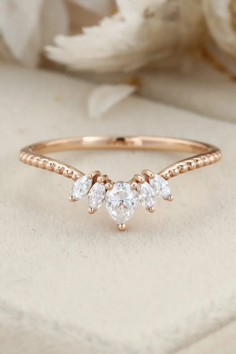 Moissanite Curved wedding band Pear shaped Rose gold Diamond wedding band bridal ring marquise stacking ring bridal promise Anniversary gift