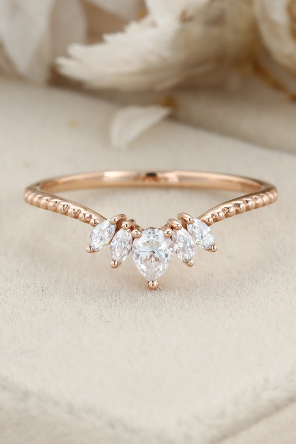 14K Rose Gold Pear Shaped Moissanite Ring Wedding Ring Women Leaf Ring  Bridal Anniversary Gift