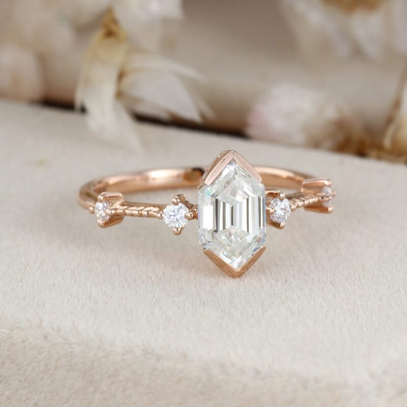 Moissanite Engagement Ring Rose gold Long Hexagon Cut Moissanite ring Unique Art Deco Cluster Wedding Bridal Promise Anniversary gift