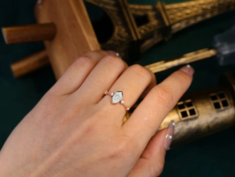 Moissanite Engagement Ring Rose gold Long Hexagon Cut Moissanite ring Unique Art Deco Cluster Wedding Bridal Promise Anniversary gift
