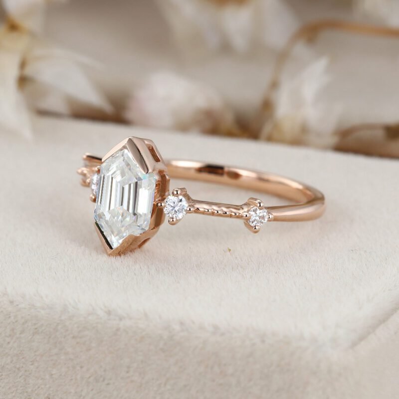 Moissanite Engagement Ring Rose gold Long Hexagon Cut Moissanite ring Unique Art Deco Cluster Wedding Bridal Promise Anniversary gift