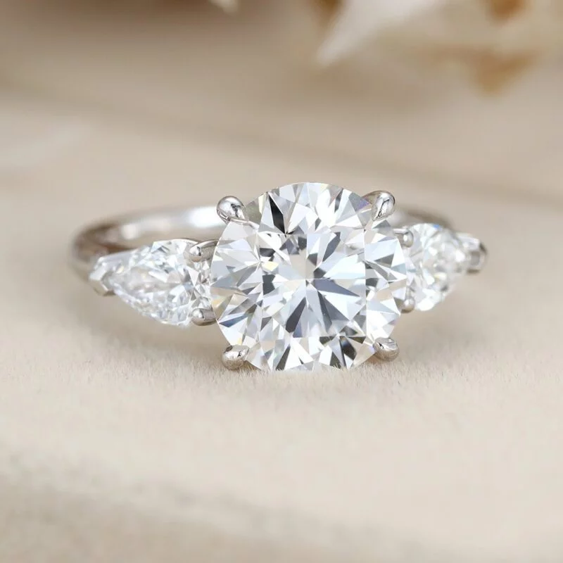 Moissanite Engagement Ring White gold Round moissanite ring Three stones wedding Prong ring classical art deco ring Promise Anniversary