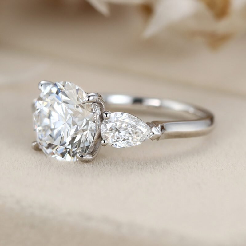 Moissanite Engagement Ring White gold Round moissanite ring Three stones wedding Prong ring classical art deco ring Promise Anniversary