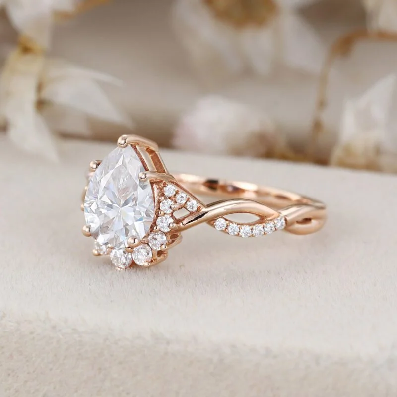 Moissanite engagement ring Pear shaped engagement ring Vintage Rose gold engagement ring twist art deco wedding ring Bridal ring for women