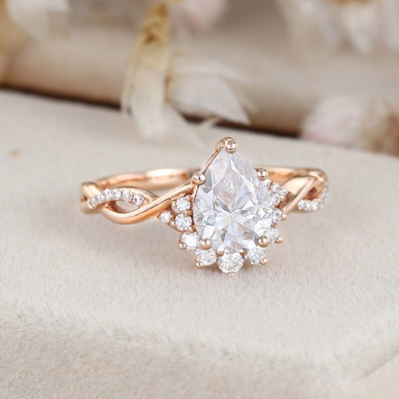 Moissanite engagement ring Pear shaped engagement ring Vintage Rose gold engagement ring twist art deco wedding ring Bridal ring for women