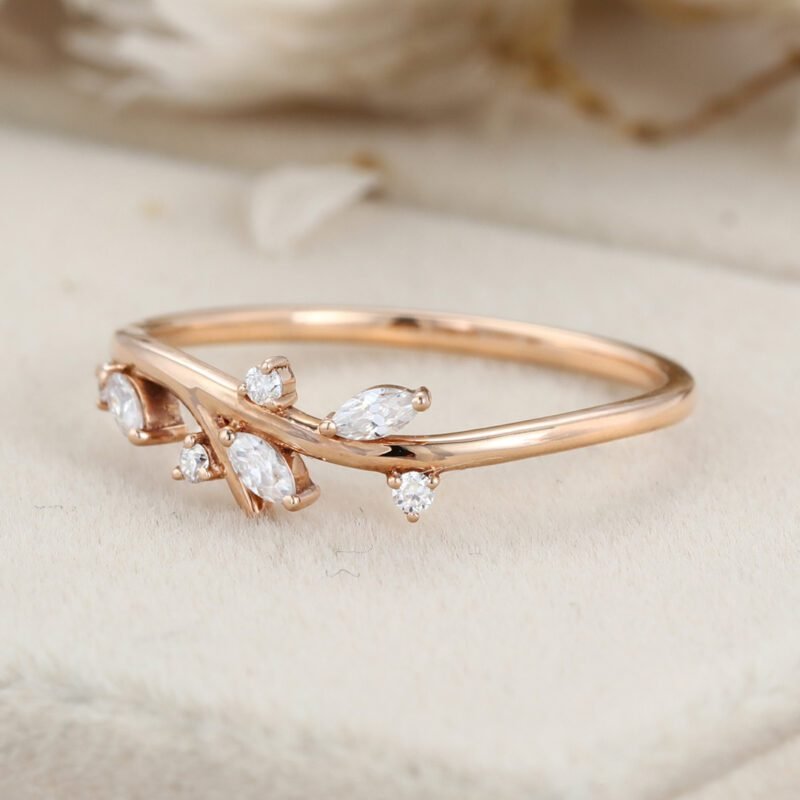 Moissanite wedding band Marquise wedding band Unique Vintage rose gold wedding band diamond ring stacking matching promise ring Anniversary