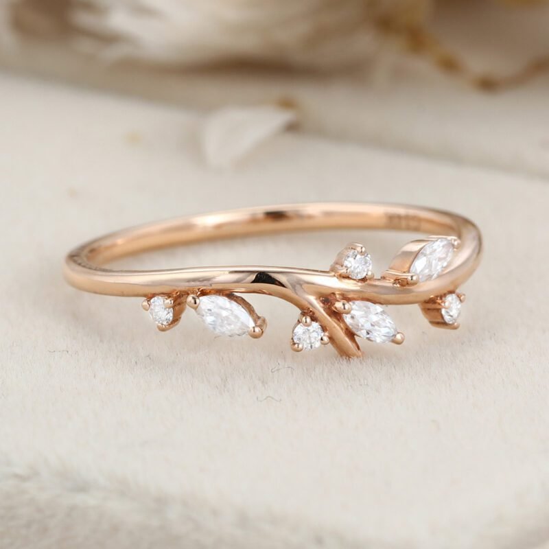 Moissanite wedding band Marquise wedding band Unique Vintage rose gold wedding band diamond ring stacking matching promise ring Anniversary