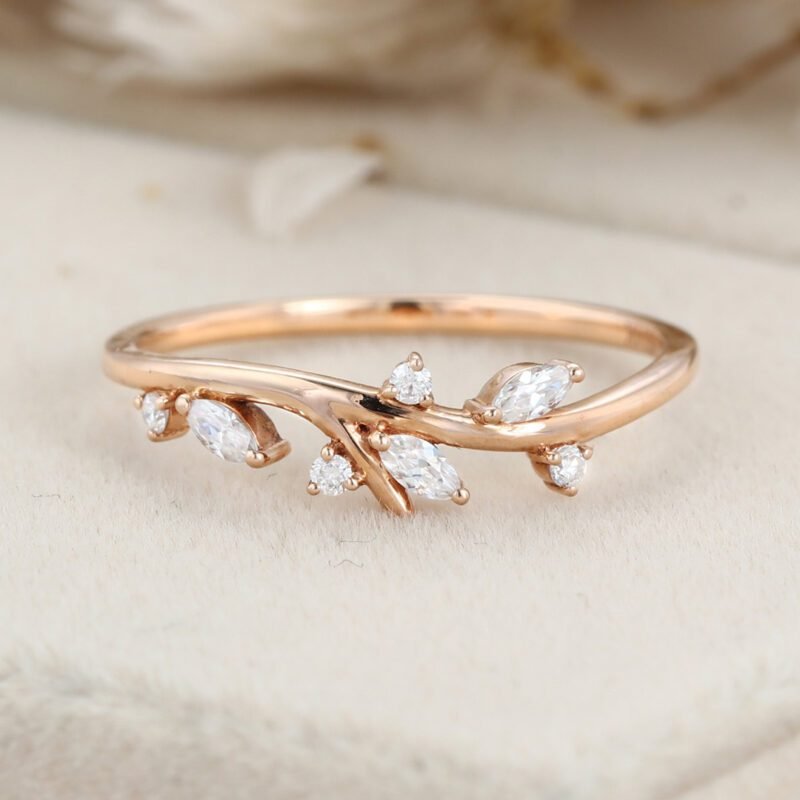 Moissanite wedding band Marquise wedding band Unique Vintage rose gold wedding band diamond ring stacking matching promise ring Anniversary