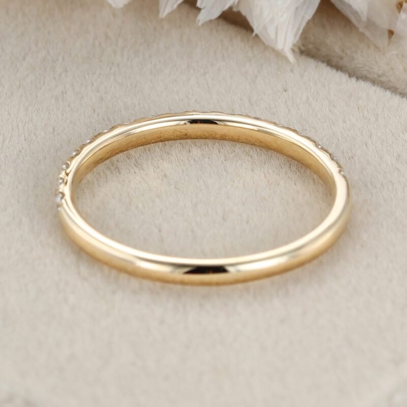 Moissanite wedding band women Yellow gold wedding band vintage Unique Half eternity Stacking Matching band delicate bridal promise gift