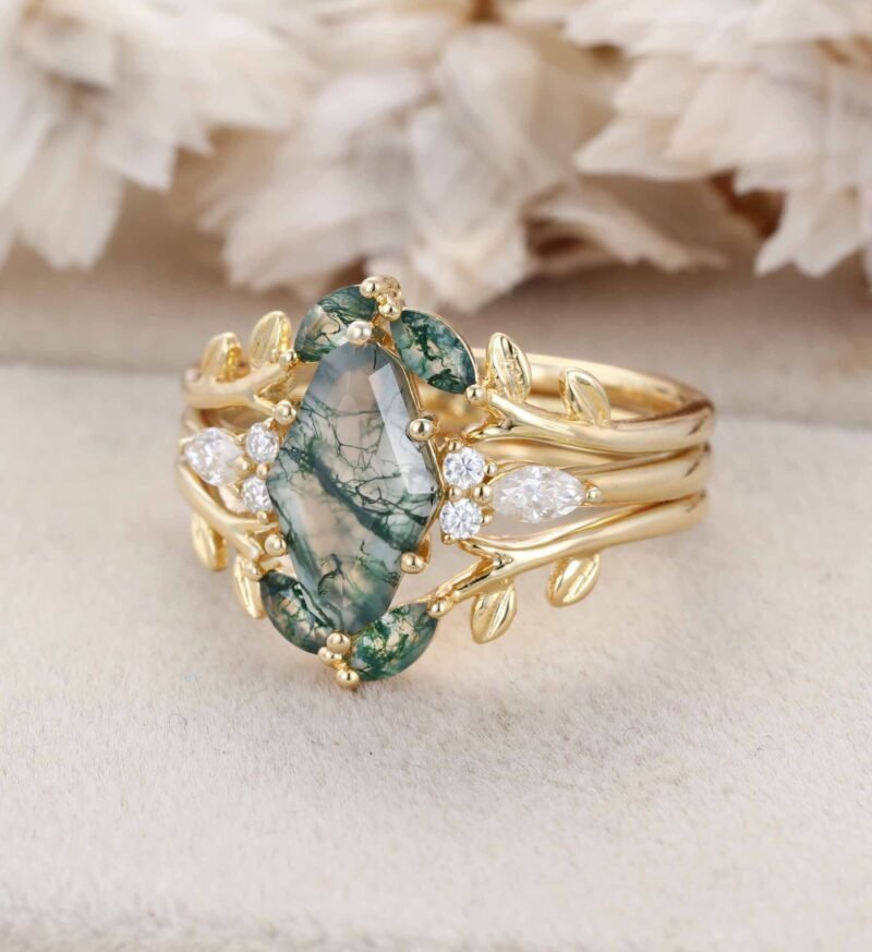 Moss Agate Engagement Ring Set Vintage Yellow Gold Unique Hexagon Shape Engagement Ring Diamond Wedding Ring Bridal Anniversary Ring Gift Women