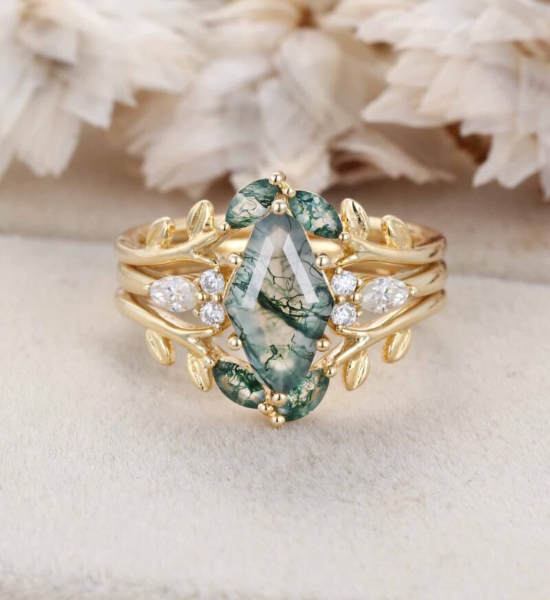 Moss Agate Engagement Ring Set Vintage Yellow Gold Unique Hexagon Shape Engagement Ring Diamond Wedding Ring Bridal Anniversary Ring Gift Women