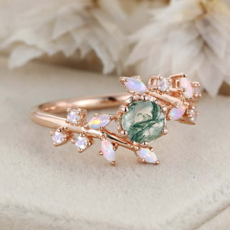 Moss Agate Engagement Ring Vintage Engagement Ring Solid 14K Gold Engagement Ring Art Deco Unique Dainty Marquise Opal Bridal Ring