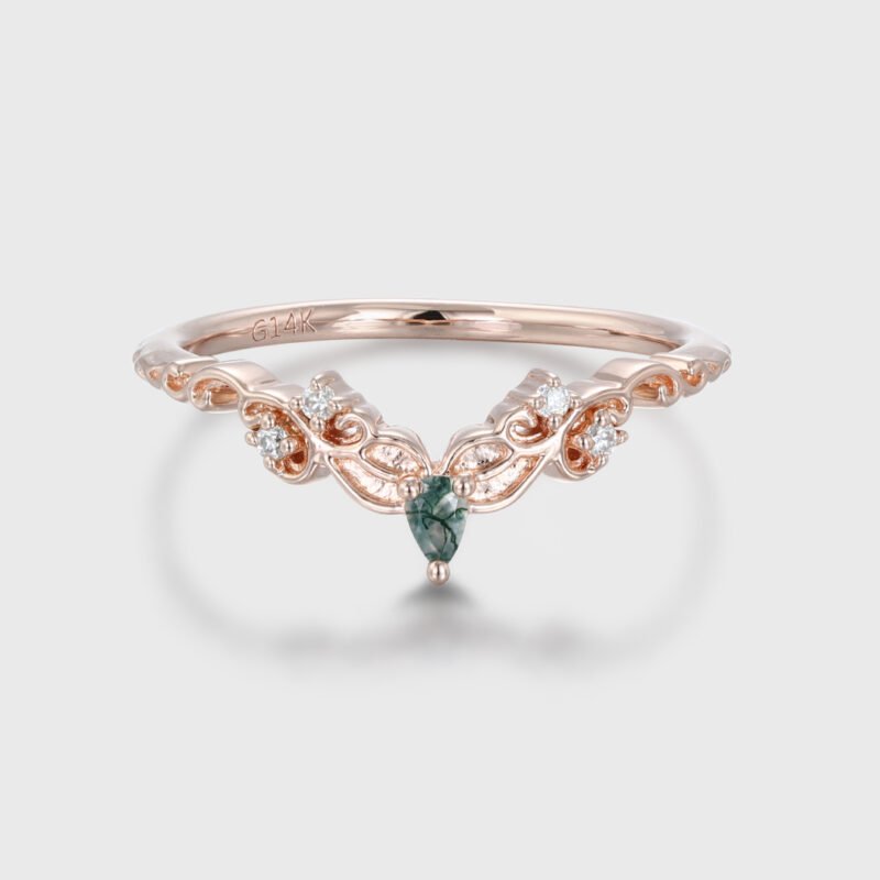 Moss Agate Wedding Band Unique Rose Gold Diamond Curved Wedding Band Filigree Stacking Band Vintage Promise Band Women